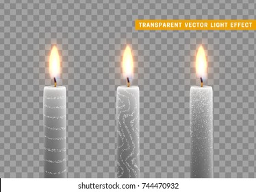 Candles burn with fire. Set of paraffin candles realistic isolated on transparent background. Element for design decor, vector illustration