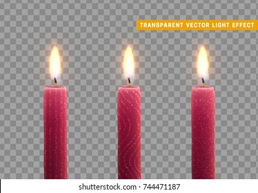 Candles burn with fire. Set of paraffin candles realistic isolated on transparent background. Element for design decor, vector illustration