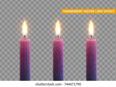 Candles burn with fire. Set of paraffin candles realistic isolated on transparent background. Element for design decor, vector illustration