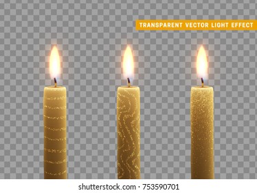 Candles burn with fire. Set of paraffin candles realistic isolated on transparent background. Element for design decor, vector illustration