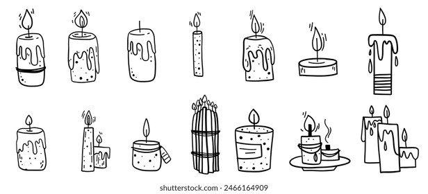 Candles burning aromatherapy natural wax soy interior decoration hand drawn vector illustration set collection. 
