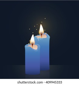 Candles burning, blue colored. Vector Illustration on dark background.