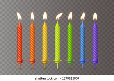 Candles with burning fire flame for birthday cake isolated on transparent background. Set of color wax candles and flame lights. Vector 3D realistic candlelight elements design.
