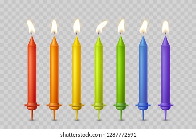 Candles with burning fire flame for birthday cake isolated on transparent background. Set of color wax candles and flame lights. Vector 3D realistic candlelight elements design.
