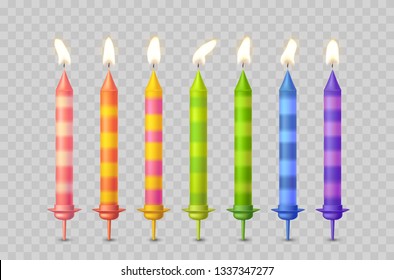 Candles with burning fire flame for birthday cake isolated on transparent background. Set of color wax candles and flame lights.  