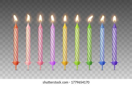 Candles with burning fire flame for birthday cake isolated on transparent background. Vector 3d realistic color candlelight elements set