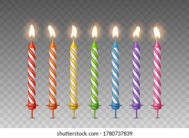 Candles with burning fire flame for birthday cake isolated on transparent background. Vector 3d realistic color candlelight elements set