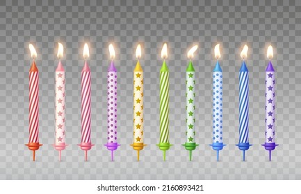 Candles with burning fire flame for birthday cake, pie isolated on transparent background. Vector 3d realistic color candlelight decoration elements set