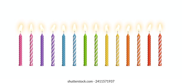 Candles with burning fire flame for birthday cake, cupcake isolated on white background. Vector 3d realistic color candlelight elements set