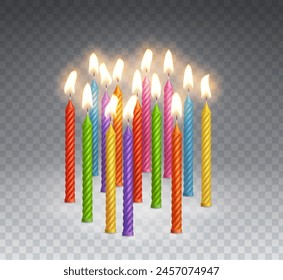 Candles with burning fire flame for birthday cake, cupcake isolated on transparent background. Vector 3d realistic color candlelight elements