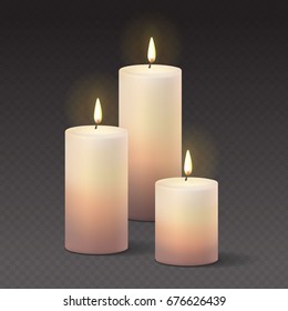 Candles burning, with fire realistic Vector Illustration on transparent dark background