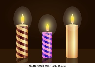 Candles with a burning flame are isolated on a dark background. Elements of vector design