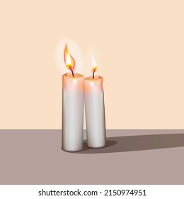 Candles with a burning flame on a light background. Vector illustration