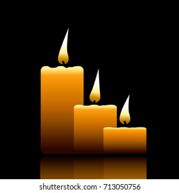 Candles burning, melting, lighting, yellow colored and reflecting. Vector Illustration on dark background.