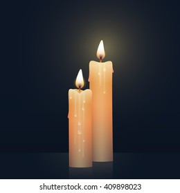 Candles burning, melting, orange colored. Vector Illustration on dark background.