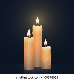 Candles burning, melting, orange colored. Vector Illustration on dark background.