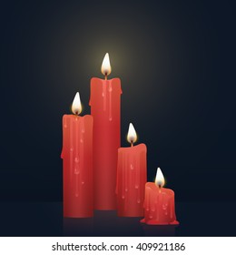 Candles burning, melting, red colored. Vector Illustration on dark background.