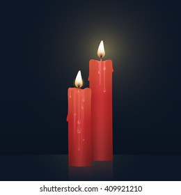 Candles burning, melting, red colored. Vector Illustration on dark background.