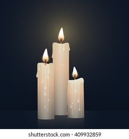 Candles burning, melting, white colored. Vector Illustration on dark background.