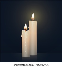 Candles burning, melting, white colored. Vector Illustration on dark background.