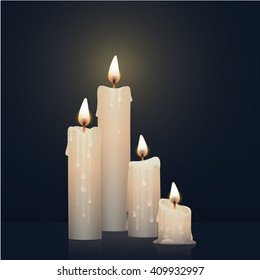 Candles burning, melting, white colored. Vector Illustration on dark background.