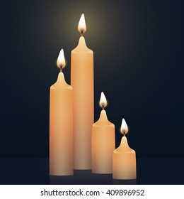 Candles burning, new tip, orange colored. Vector Illustration on dark background.