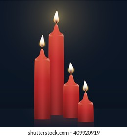 Candles burning, new tip, red colored. Vector Illustration on dark background.