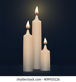 Candles burning, new tip, white colored. Vector Illustration on dark background.