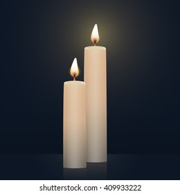 Candles burning, new, white colored. Vector Illustration on dark background.
