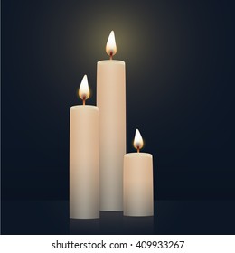 Candles burning, new, white colored. Vector Illustration on dark background.