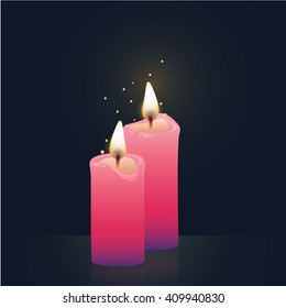 Candles burning, pink colored. Vector Illustration on dark background.