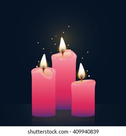 Candles burning, pink colored. Vector Illustration on dark background.