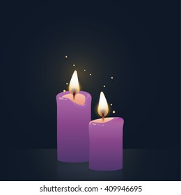 Candles burning, purple colored. Vector Illustration on dark background.