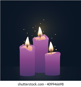 Candles burning, purple colored. Vector Illustration on dark background.