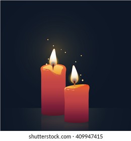 Candles burning, red colored. Vector Illustration on dark background.