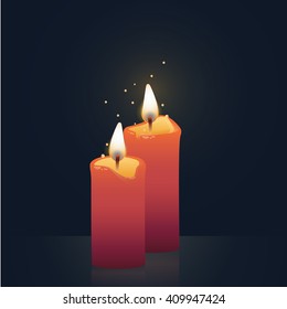 Candles burning, red colored. Vector Illustration on dark background.