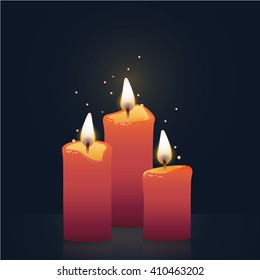 Candles burning, red colored. Vector Illustration on dark background.