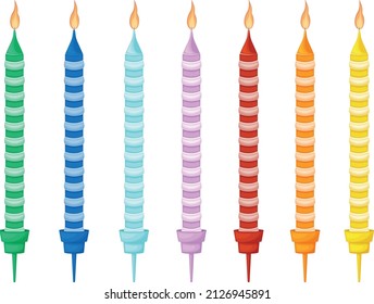 Candles for the cake. Colorful holiday candles for cake decoration. Bright accessories for the holiday. Vector illustration