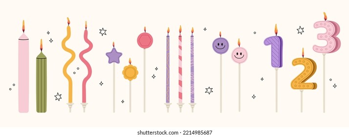 Candles for the cake. Colorful holiday candles for cake decoration. Bright accessories for the holiday. Vector hand drawillustration.Holiday banner, poster, greeting card, invitation background