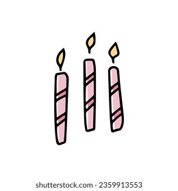 Candles for cake in doodle style on a white background. Festive concept. Hand drawn vector colored outline icon.