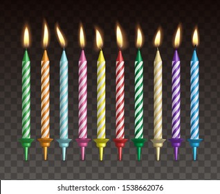 Candles for cake. Realistic vector set of burning colorful striped candles
