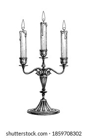 Candles in candelabra. Ink sketch isolated on white background. Hand drawn vector illustration. Retro style.