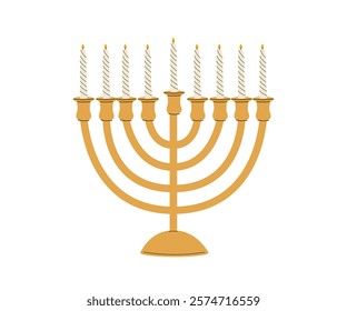 Candles in candelabrum. Menorah with multiple branches and candleholders. Jewish religious candelabra, traditional design. Light holder. Flat vector illustration isolated on white background