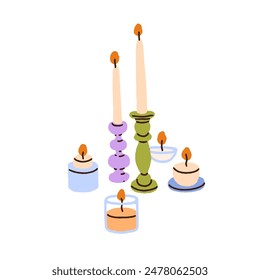 Candles in candleholder, candlestick. Cozy modern light decoration with warm fire flame, candlelight. Decorative pillars in trendy hygge style. Flat vector illustration isolated on white background