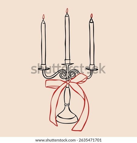 Candles in candlestick with bow ribbon. Elegant shape. Outline vintage candle holder, candelabrum. Hand drawn modern Vector Illustration. Isolated design element