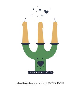 Kerzen in einem Kerzenhalter, süßes Bild, flaches Design-Element. Einzige Vektorgrafik. Gemütliches Hauskonzept, skandinavischer Stil. Liebe und Romantik. 