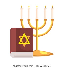 candles in candlesticks with jew bible book, on white background vector illustration design