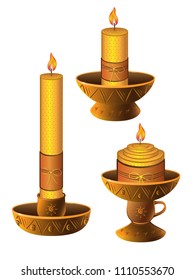 Candles in candlesticks. Set of burning wax candles in clay candlesticks. Pottery. ceramic