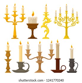 Candles in candlesticks set, vintage candle holders and candelabrums vector Illustration on a white background