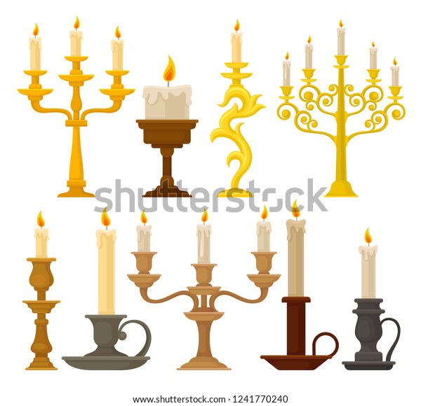Candles in\
candlesticks set, vintage candle holders and candelabrums vector\
Illustration on a white\
background